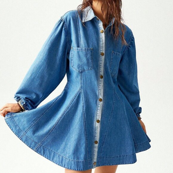 Dark Wash Casual Women's Loose Denim Long Sleeve Mini Dress - Picture 3 of 8